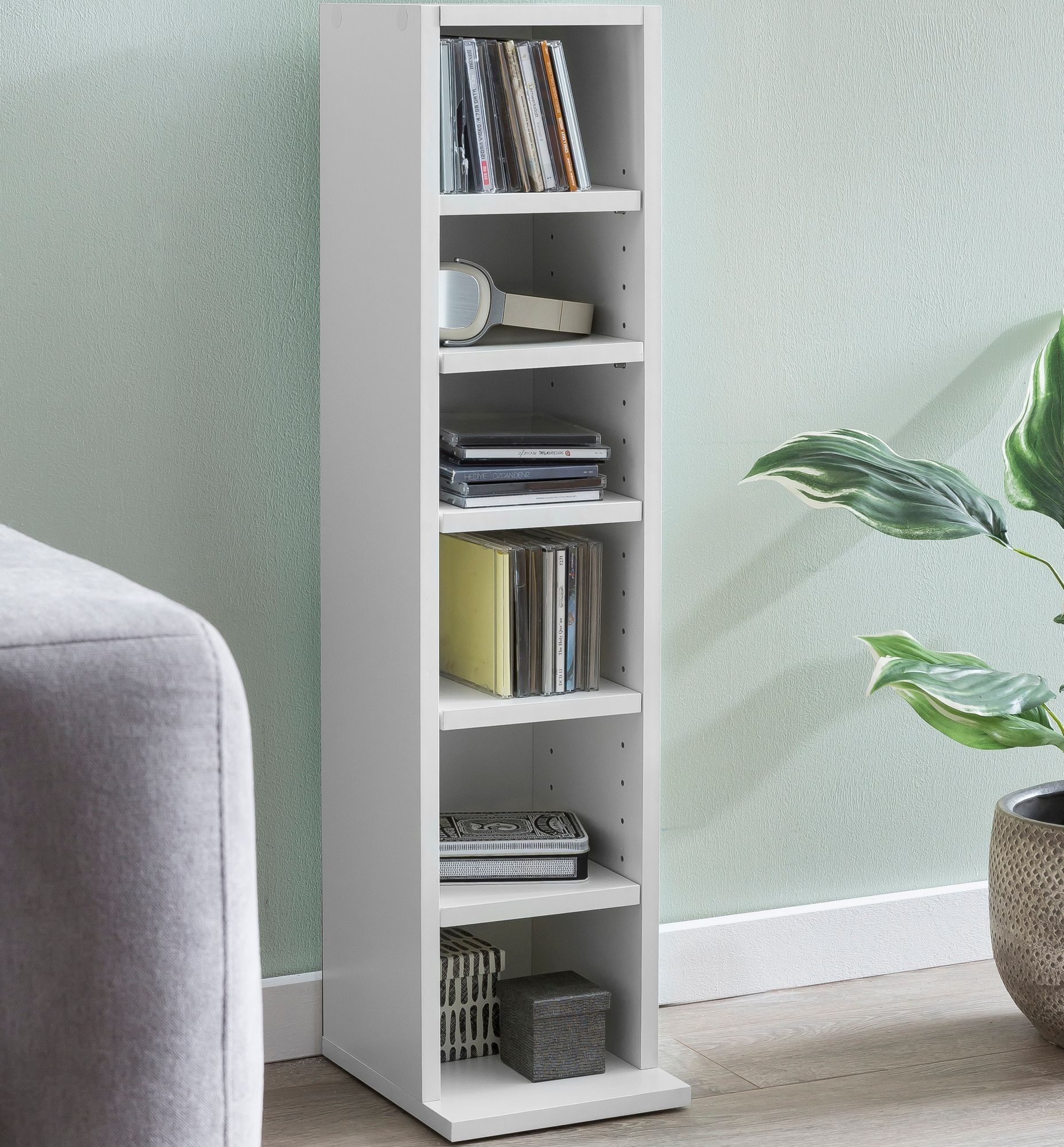 Design bookcase WL5.336 white 21x91x25.5 cm with 6 compartments, freestanding wooden shelf for hallway, narrow wall shelf for children's room, modern niche shelf