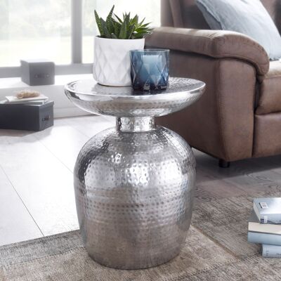 Table d'appoint aluminium 36.5x46x36.Table décorative ronde orientale argentée de 5 cm, table de rangement design en métal moderne, table d'appoint étroite, petite table d'appoint martelée