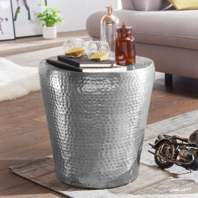 Table d'appoint 41x41x41cm aluminium argent table décorative orientale ronde, petite table d'appoint martelée, table de rangement design métal moderne, table d'appoint étroite