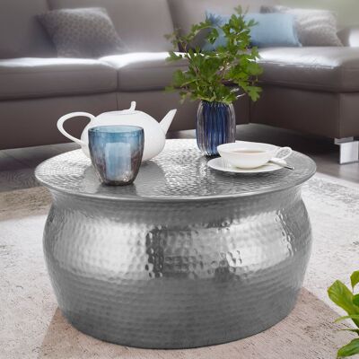 Table basse 60x30.Table d'appoint ronde orientale en aluminium argenté 5x60cm, table basse plate en métal martelé, table de salon design moderne, table basse indienne petite