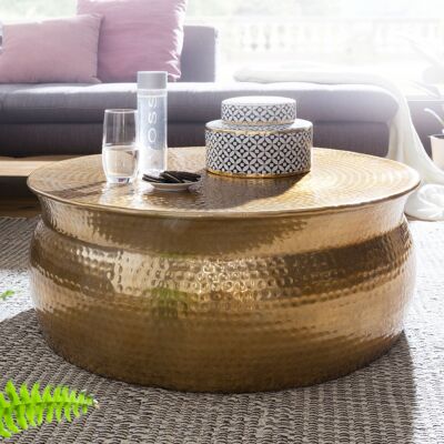 Table basse 75x31x75 cm aluminium doré table d'appoint orientale ronde, table basse plate en métal martelé, table de salon design moderne, table basse table basse indienne petite