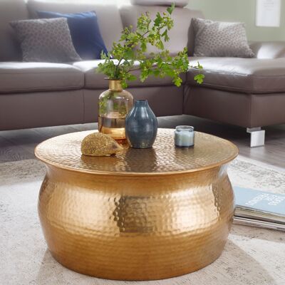 Table basse 60x30.Table d'appoint ronde orientale en aluminium doré 5x60 cm, table basse plate en métal martelé, table de salon design moderne, table basse indienne petite
