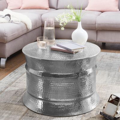 Table d'appoint ronde orientale en aluminium argenté 62 x 41 x 62 cm | Table basse plate en métal martelé | Table de salon design moderne | Petite table de salon indienne