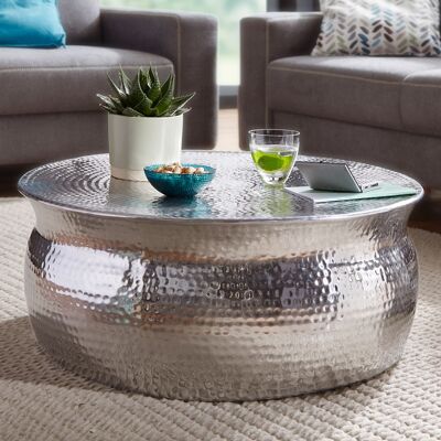 Table basse 75x31x75cm aluminium argent table d'appoint orientale ronde, table basse plate martelée métal, table de salon design moderne, table basse table basse indienne petite
