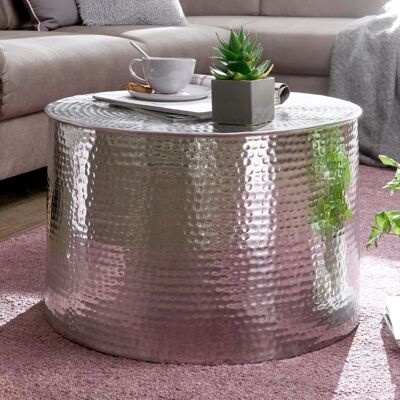 Table basse 61 x 40.Table d'appoint ronde orientale en aluminium argenté 5 x 61 cm, table basse plate en métal martelé, table de salon design moderne, table basse indienne