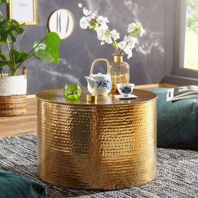 Table basse 61 x 40.Table d'appoint ronde orientale en aluminium doré 5 x 61 cm, table basse plate en métal martelé, table de salon design moderne, table basse indienne