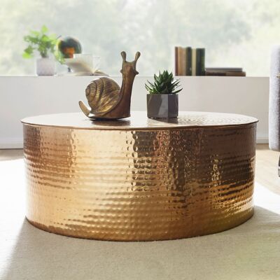 Table basse 75x31x75 cm aluminium table d'appoint doré oriental ronde, table basse plate martelée métal, table de salon design moderne, table basse indienne petite