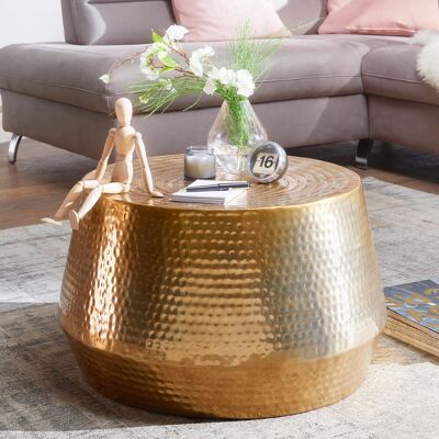 Table basse 60x36x60 cm aluminium table d'appoint doré oriental ronde, table basse plate martelée métal, table de salon design moderne, table basse indienne petite