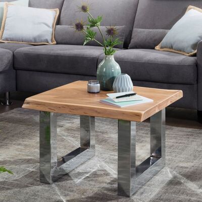 Table basse 58 x 40 x 60 cm en bois d'acacia massif, structure en métal marron, petite table basse en tronc d'arbre en bois massif, table en bois de maison de campagne, table basse