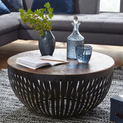 Table basse 70x33x70 cm bois/métal table basse industrielle, table club salon, table basse avec structure en métal, table basse solide, table basse ronde design