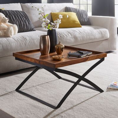 Table basse WL5.Table basse en bois massif de Sheesham/métal, table basse design de style industriel, table basse marron/noire, table basse design solide, table carrée, 63x39x63cm