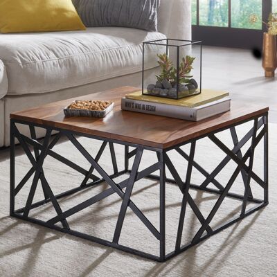 Table basse BAKAL 60x35x60 cm Table basse en bois massif de Sheesham/métal, table basse design style industriel, table basse marron/noire, table basse design massive, table carrée