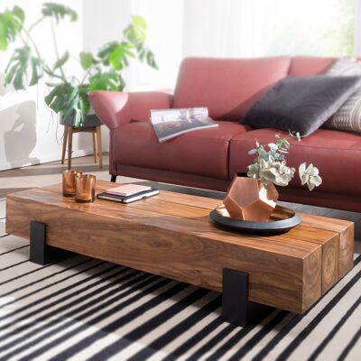 Table basse 115x22x44cm Table basse en bois massif de Sheesham/métal, table de salon design moderne, table basse marron/noire, table basse design solide, table de salon rectangulaire
