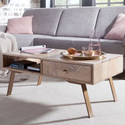 Table basse SIKAR 95x42x50cm table basse en bois massif de manguier/métal, table de salon design avec tiroir, maison de campagne marron, table basse design en bois massif, table de salon