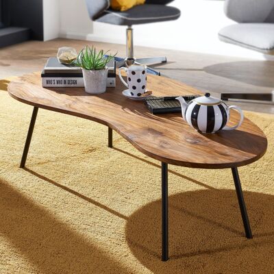 Table basse design WL5.617 122x36x63 cm Sesham avec pieds en métal noir, table rein en bois massif, table en bois pieds de table en métal, table en bois massif robuste, table moderne plate