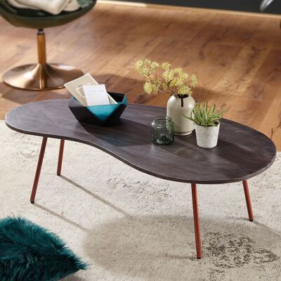 Table basse design JAI 122x34.5x63 cm acacia avec pieds en métal cuivré, table rognon bois massif gris, table en bois pieds en métal, table en bois massif robuste, table moderne plate