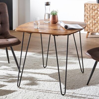 Table à manger 80x80x76 cm en bois massif de Sesham, table à manger avec pieds en métal, table carrée en bois véritable massif, table design en bois massif, table de cuisine moderne marron
