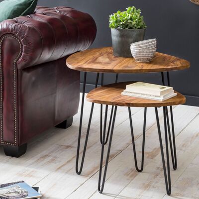 Table d'appoint design WL5.659 Ensemble de 2 petites tables d'appoint en métal Sheesham, ensemble de 2 tables basses en bois, table basse en bois massif avec cadre en métal, table basse étroite avec rangement