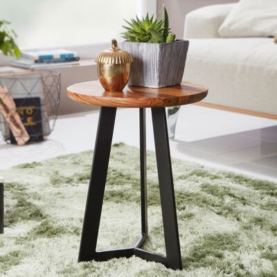 Table d'appoint 35 x 37 x 35 cm WL5.Table basse en bois de Sesham 665, tabouret en bois véritable de style industriel pour salon, table en bois, table de canapé, pieds en métal, table d'appoint décorative en palissandre