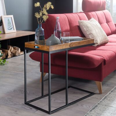 Table d'appoint WL5.667 Bois de Sesham 70x65x34 cm avec structure en métal, table TV design salon, petite table de service bois naturel, table d'appoint bois plateau métal