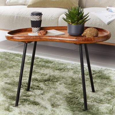 Table basse WL5.669 71x51x40 cm Table basse en forme de rein en Sheesham massif avec pieds en métal, table basse en bois massif, petite table rein en bois véritable, table basse en bois, table d'appoint moderne