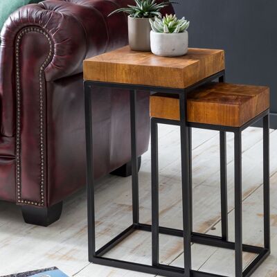 Table d'appoint design WL5.660 Ensemble de 2 petites tables d'appoint en métal Sheesham, ensemble de 2 tables basses en bois, table basse en bois massif avec cadre en métal, table basse étroite avec rangement