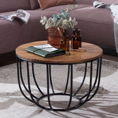 Table basse WL5.677 60x39x60 cm Table en bois massif de Sheesham/métal tressé, table basse design, table basse ronde, table basse industrielle marron, table basse en bois massif pour le salon