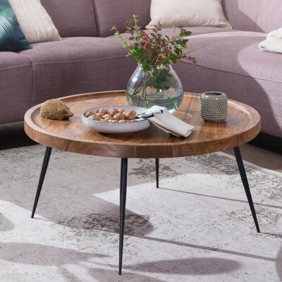Table basse WL5.678 75x39x75 cm Table basse en bois massif de Sheesham/métal, table basse design ronde, table basse rétro marron, table basse design en bois massif, table de salon