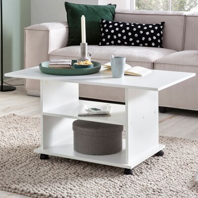Table basse design WL5.738 95 x 51 x 54.5 cm blanc, pivotant avec roulettes, table basse, table basse, table basse, bois, table basse avec espace de rangement
