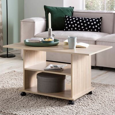 Table basse design WL5.739 95 x 51 x 54.Table basse pivotante Sonoma de 5 cm avec roulettes, table basse, table basse, table basse en bois, table basse avec espace de rangement