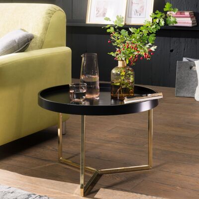 JESI 58.5x42x58.Table basse ronde en métal noir/doré de 5 cm, table de salon rétro moderne, petite table basse avec cadre en métal, table de service ronde avec plateau en bois