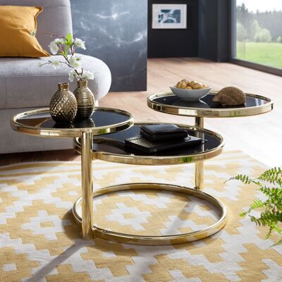 Table basse avec 3 plateaux, noir/doré, 58 x 43 x 58 cm, table d'appoint ronde, table basse design, verre/métal, table en verre design, table basse moderne, petite table basse