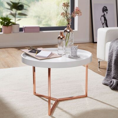 Table basse JESI 58.5x42x58.Table basse ronde en métal blanc/cuivre de 5 cm, table de salon au design rétro moderne, petite table basse avec cadre en métal, table à plateau ronde avec plateau en bois