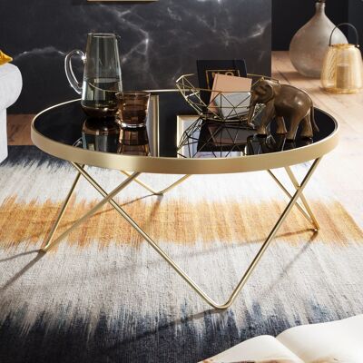 Table basse Ø 82 cm noir/or mat table d'appoint métal/verre, table avec plateau en verre, table d'appoint moderne, grande table basse, table en verre avec structure en métal