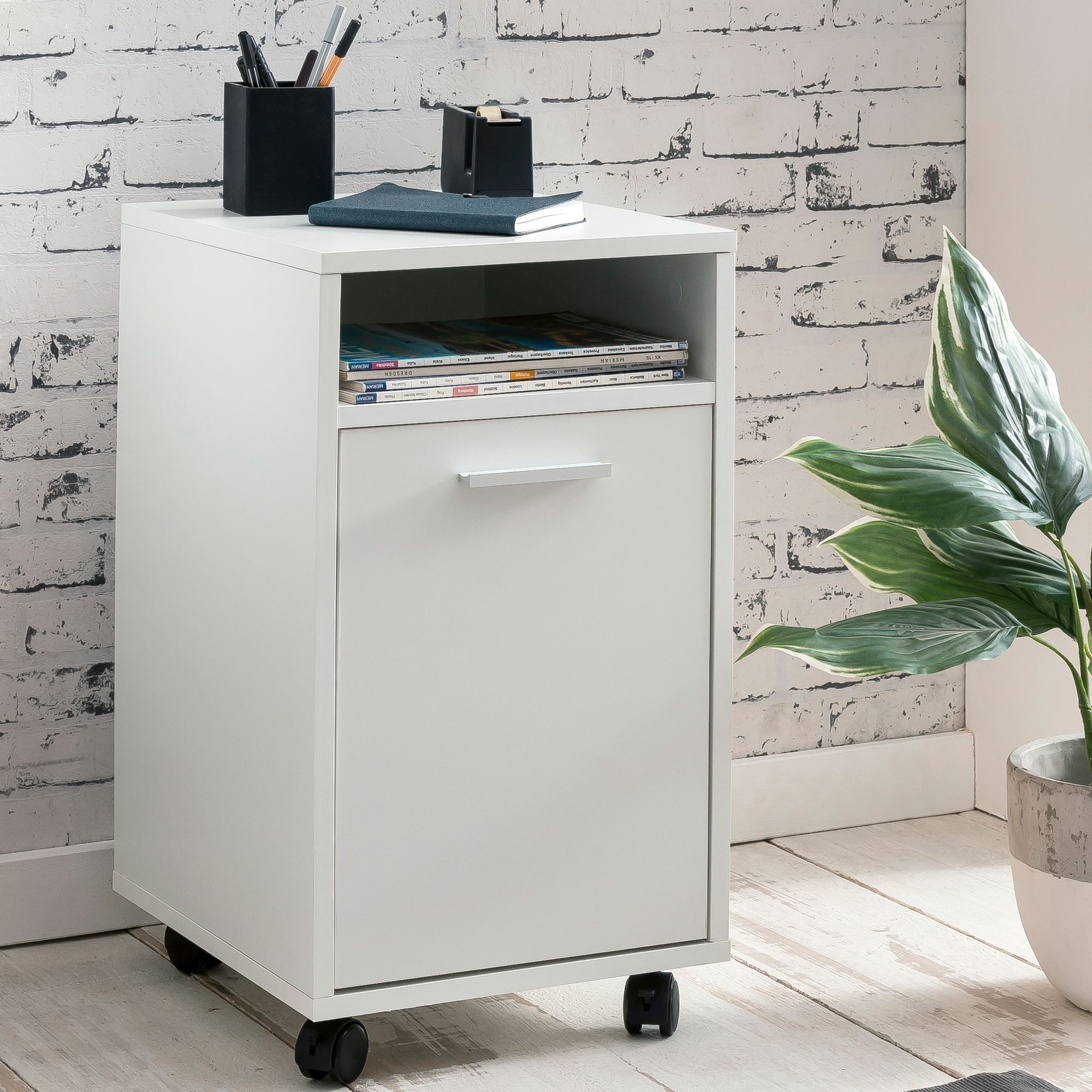 White 33x60x38cm drawer cabinet, desk container with door & shelf, office container with wheels, small drawer container