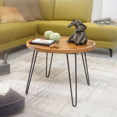 Table basse en bois massif de Sesham 60x45x60 cm Table de salon ronde, table basse avec pieds en épingle à cheveux, table basse en bois et métal