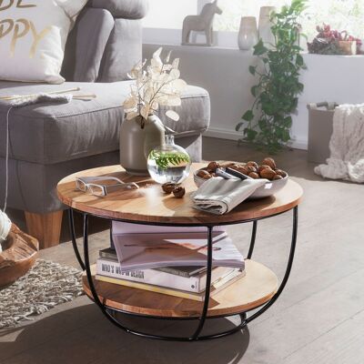 Table basse 60x34.Table basse en bois massif d'acacia/métal 5x60 cm, table basse design ronde, table industrielle marron avec étagère