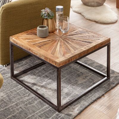 Table basse en bois massif de manguier 55x40x55 cm avec structure en métal, table basse carrée au design industriel, table basse moderne et solide