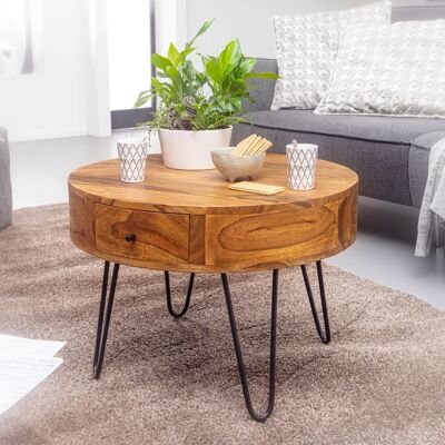 Table basse en bois massif de Sheesham/métal 60x44.Table de salon 5x60 cm, table d'appoint design avec tiroirs, petite table basse ronde marron