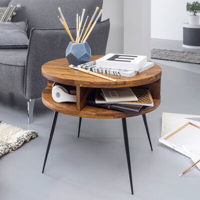 Table basse en bois massif de sheesham/métal 60x45x60 cm table de salon, table d'appoint design avec étagère, petite table basse ronde marron
