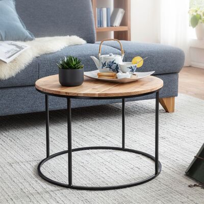 Table basse 60x43x60 cm en bois d'acacia massif / table basse en métal, table basse design ronde, table basse massive, petite table de salon