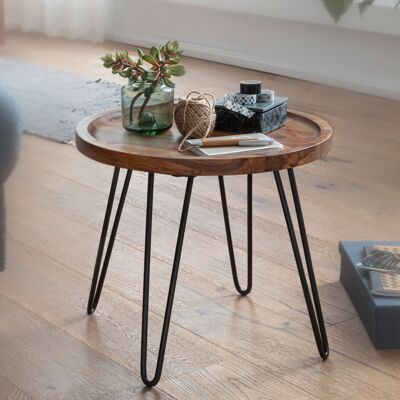 Table basse en bois massif de Sesham 45x40x45 cm Table de salon ronde, table basse avec pieds en épingle à cheveux, table basse en bois et métal