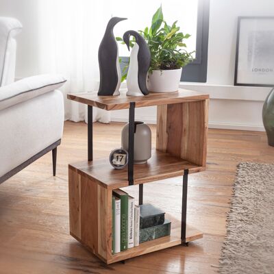 Table d'appoint en forme de S 45x60x30cm table de rangement en métal acacia, petite table de salon industrielle, table en bois avec pieds en métal, table décorative en bois