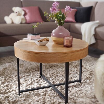 Table basse design ronde Ø 69 cm aspect chêne avec rangement, table basse lounge pieds métal, table d'appoint MDF