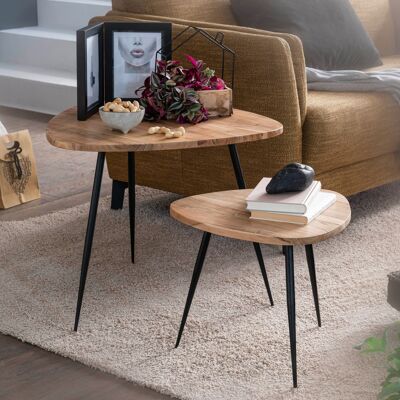 Ensemble de 2 tables d'appoint en bois d'acacia massif/métal, petite table basse, ensemble de deux tables d'appoint design en bois, table basse avec structure en métal
