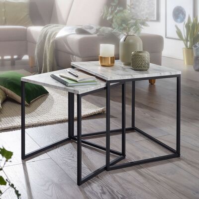 Ensemble de 2 tables d'appoint design aspect marbre blanc, table basse 2 pièces avec base noire, petites tables basses, tables d'appoint modernes
