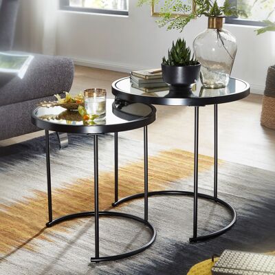 Tavolino di design rotondo Ø 50/42 cm - 2 pezzi neri con vetro a specchio, set di 2 tavolini da caffè, tavolini laterali a specchio, tavolino da caffè