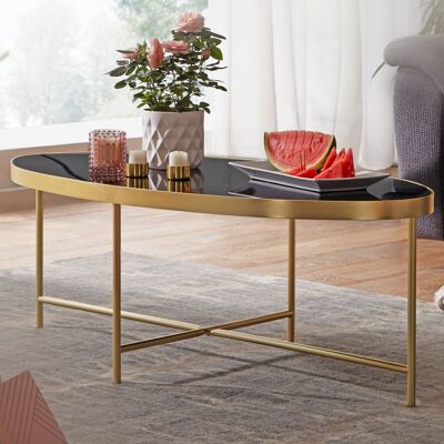 Table basse design en verre noir - ovale 110 x 56 cm avec structure en métal doré, grande table basse, table basse en verre