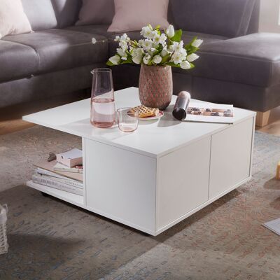 Table basse design 70x70 cm blanche, table basse avec 2 tiroirs, table basse à roulettes, table avec 2 compartiments