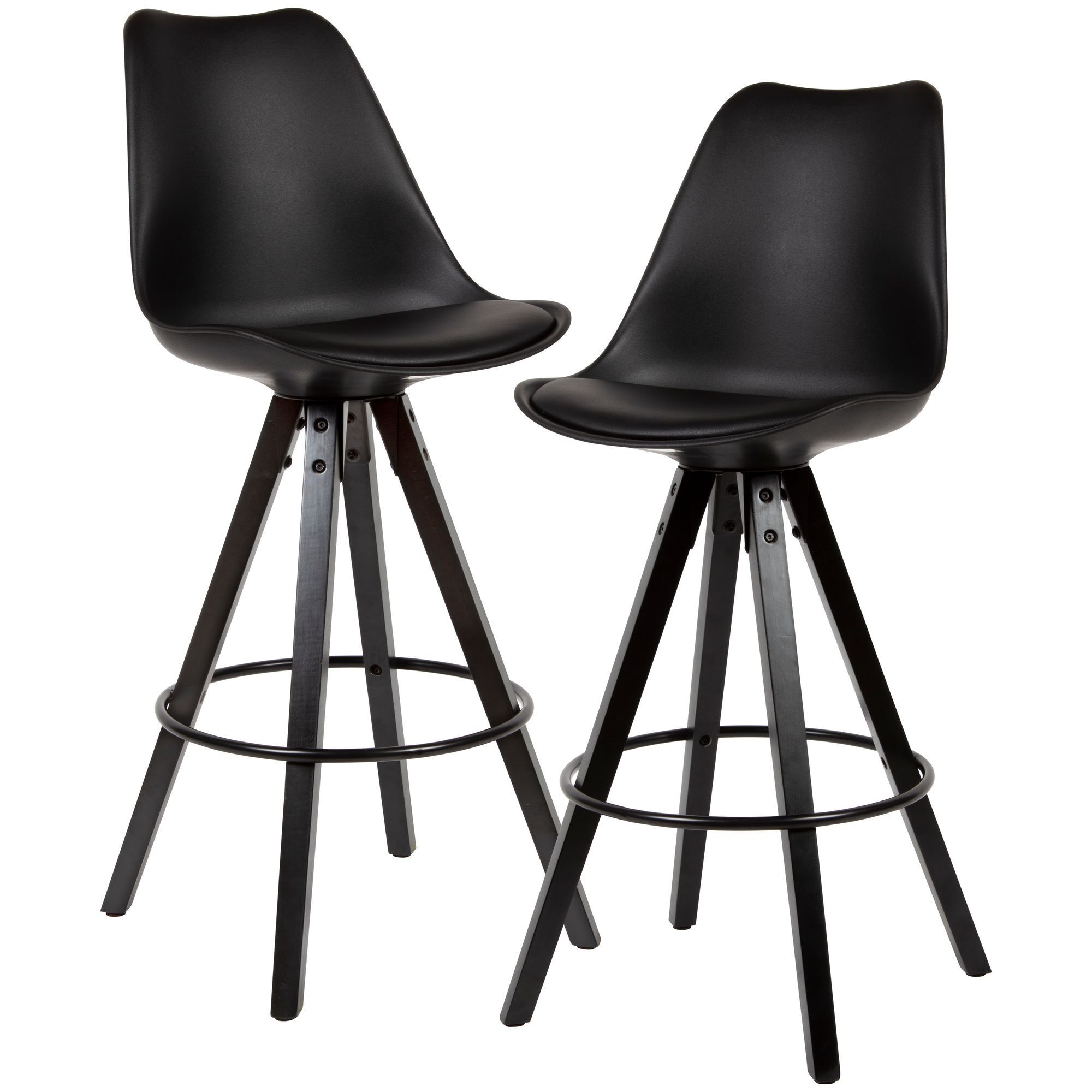 Lot de 2 tabourets de bar en simili cuir noir / bois massif, tabourets de bar design scandinave avec pieds noirs, chaises de bar avec dossier, hauteur d'assise 77 cm
